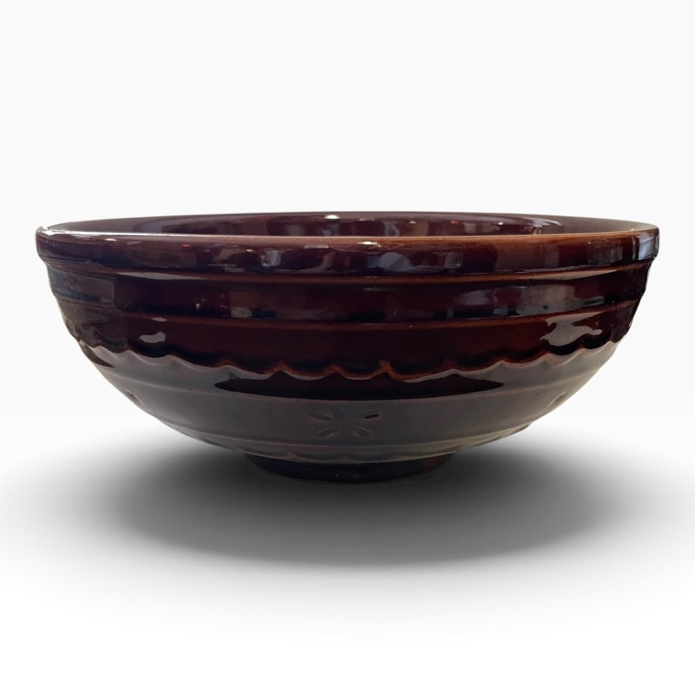 Vintage Marcrest Brown Glazed Ceramic Mixing Bowl Embossed Floral Pattern 8"